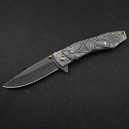 Wolf Embossed Handle Folding Knife Camping Defense Knives