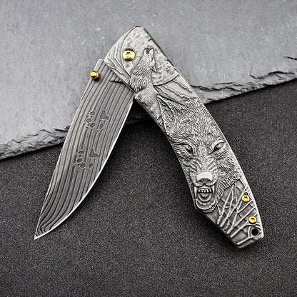 Wolf Embossed Handle Folding Knife Camping Defense Knives